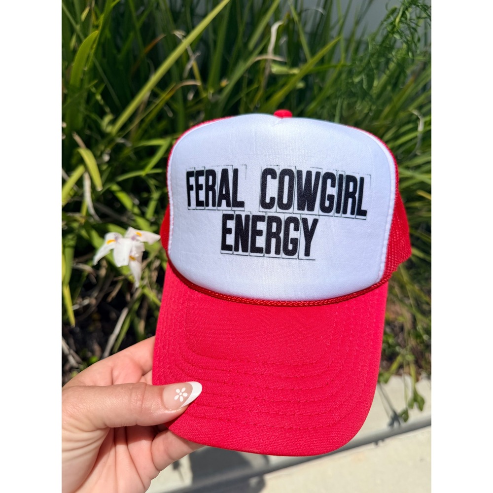 Feral Cowgirl Energy Red White Trucker Hat Mesh Snapback Baseball Cap